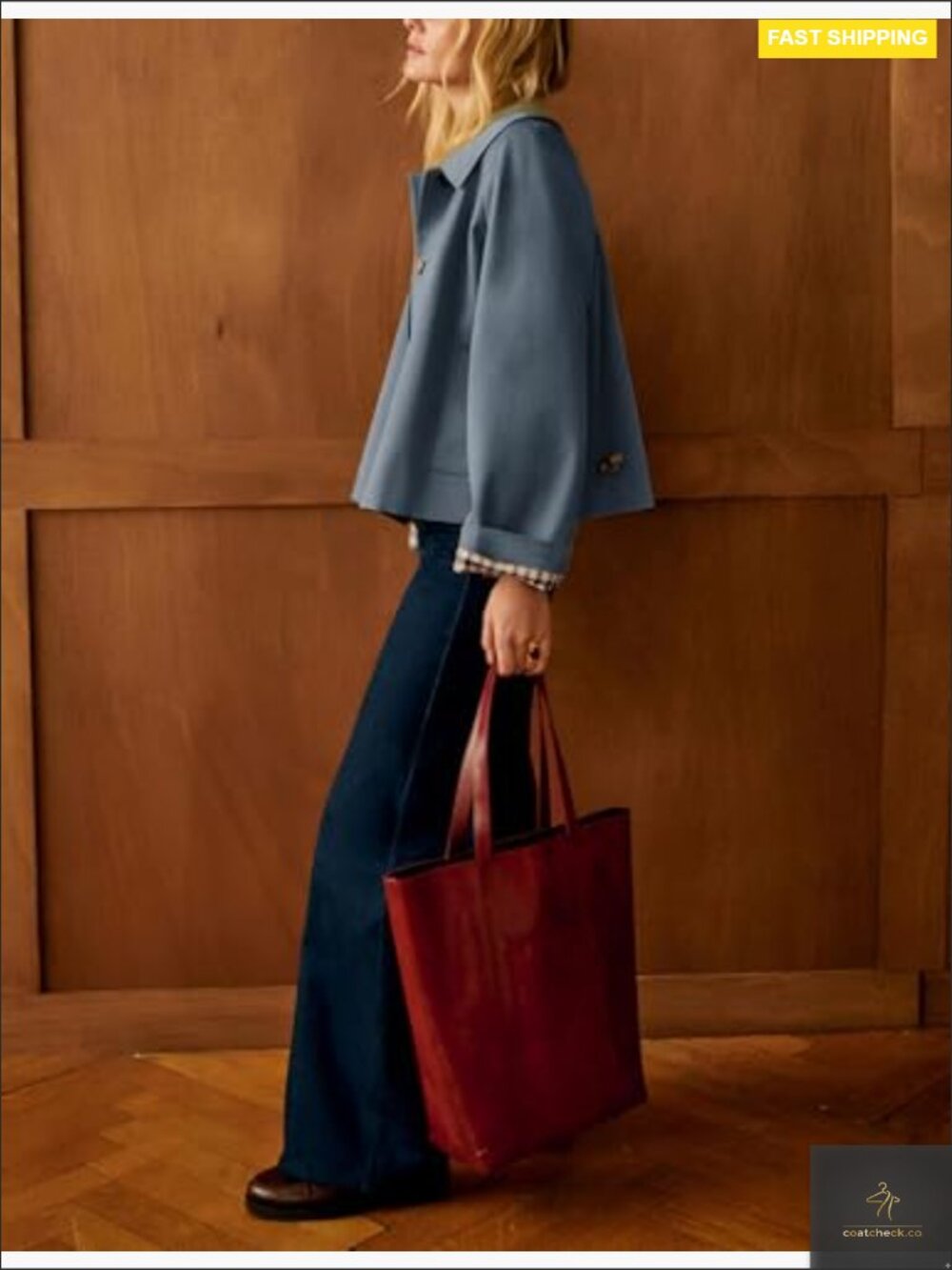 Oversized Trench Coat Plaid Lining Lapel Button Down Casual Crop Jacket Pockets - Picture 4 of 7